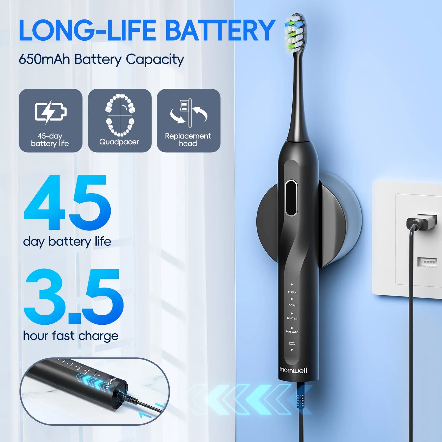Mornwell T38 Electric Sonic Toothbrush USB Charge Rechargeable Waterproof Electronic Tooth Brushes 8 Replacement Heads Adult
