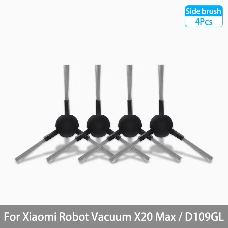 Four side brushes with black bases and gray bristles, replacement set