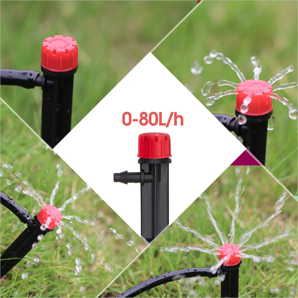 Red-capped sprinkler emitters with black stakes for garden irrigation water flow control