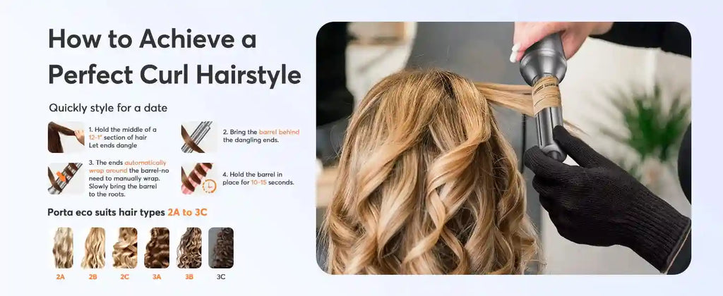 Bopcal 5-in-1 hair dryer and curling wand curling blonde hair with silver auto-wrap barrel and protective glove.