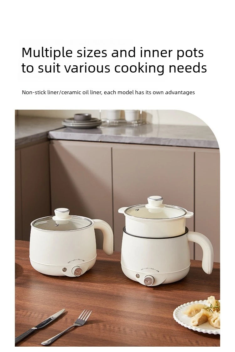 White electric multi cooker hot pot with lid, showing two size options on counter