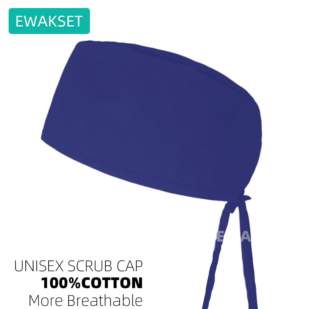Adjustable blue unisex scrub cap with sweatband. Breathable 100% cotton hat for vet, dental, and medical professionals.