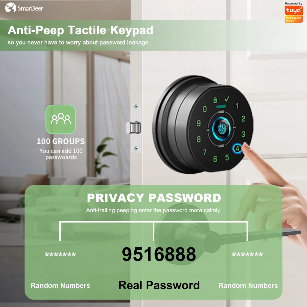 SmarDeer Fingerprint Door Lock, Electronic Keyless Entry Door Knob Lock with Handle, Remote Passcode Generation for Tuya Smart