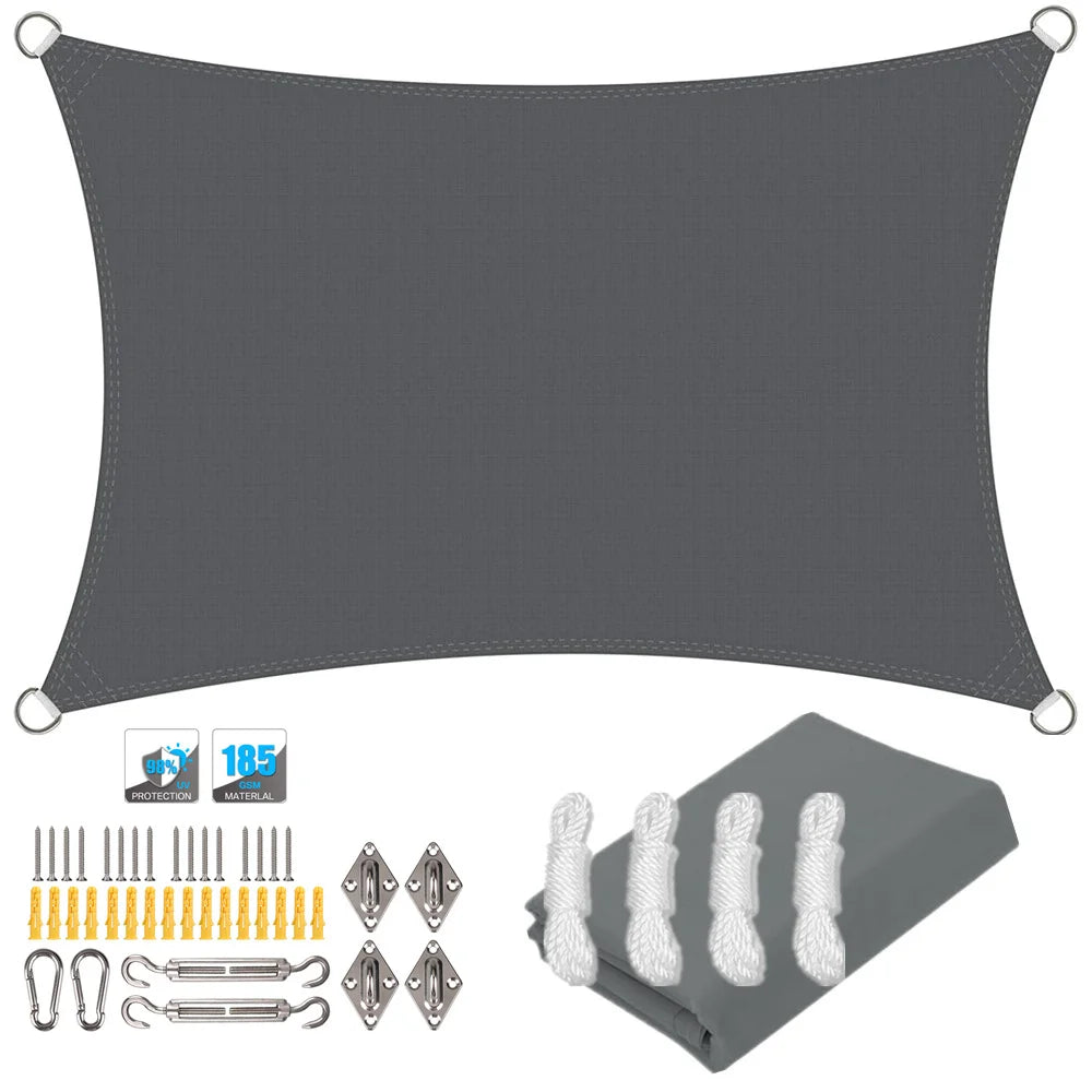 Rectangle sun shade sail canopy in dark gray with corner loops and included kit parts