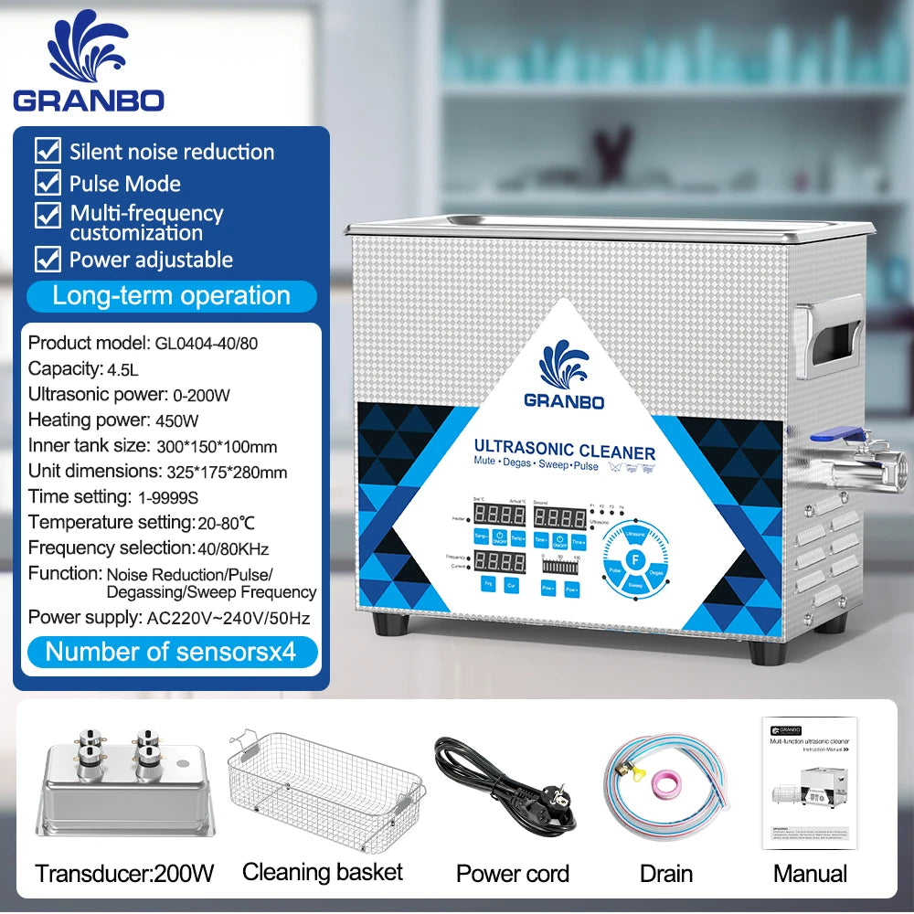 Tidesmit 4.5L ultrasonic cleaner featuring 200W multi-frequency 40-200KHz settings and food-grade stainless steel tank