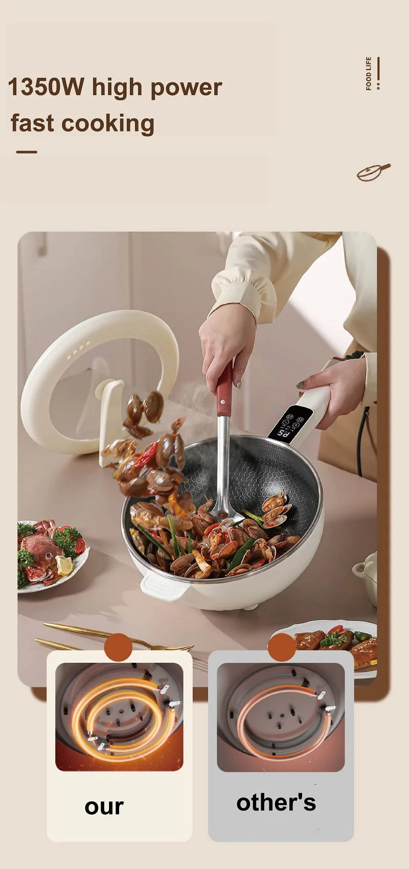 Electric multi-cooker pot with heating control, hands pouring food into white inner pot