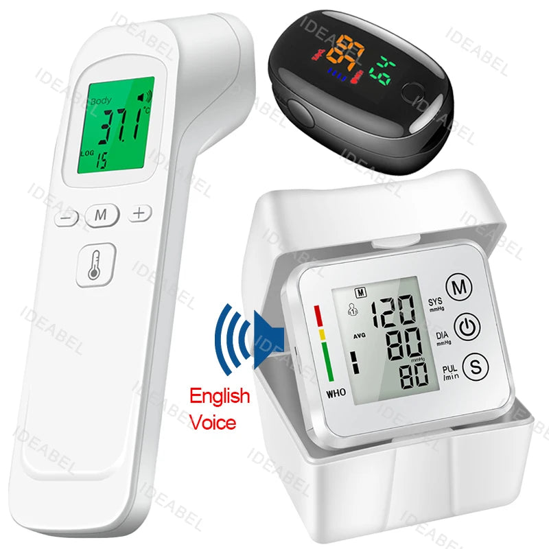 Wrist Blood Pressure Monitor LED English Voice Broadcast Tonometer BP Monitor Non Contact Infrared Medical Thermometer
