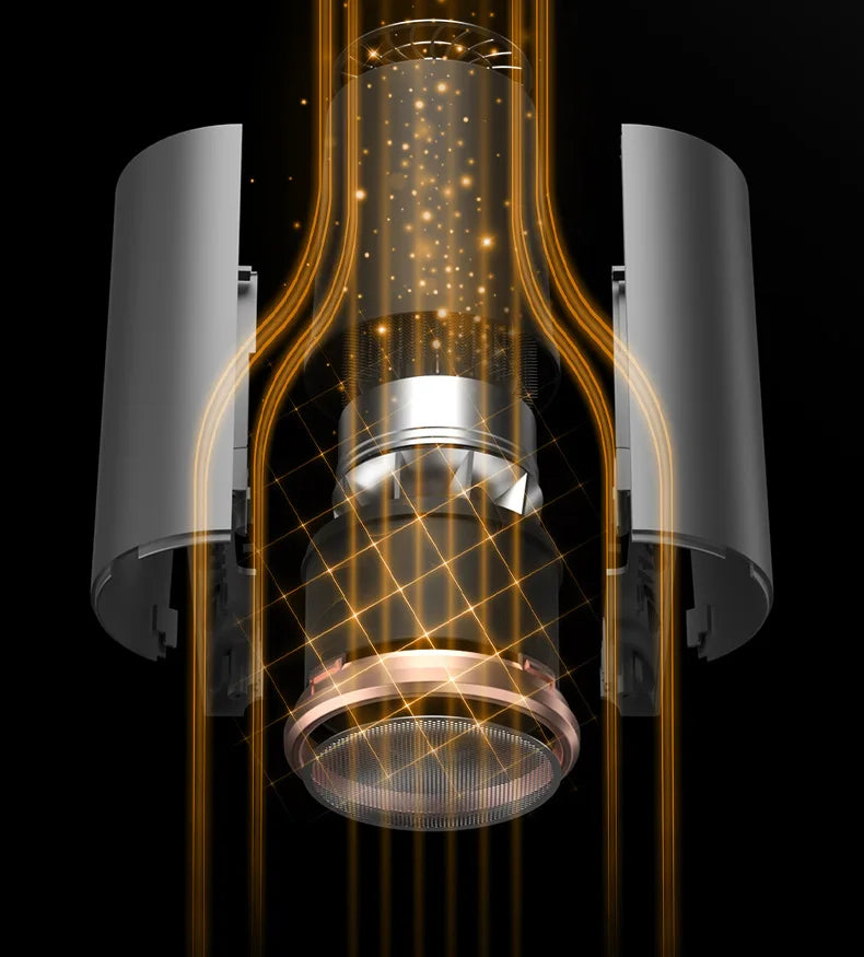 Exploded view of a 1600W silver hair dryer showing its powerful internal motor and advanced air-flow technology.