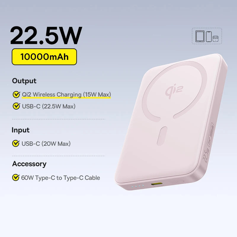 Magnetic Power Bank 10000mAh 15W Wireless Charger for iPhone 16 Qi2 15W Pink 10000mAh Tidesmit