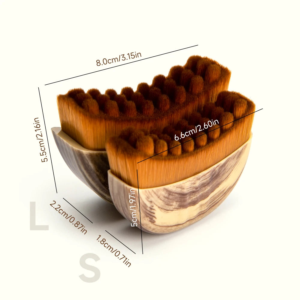 Two curved, wood-patterned facial massage brushes with brown bristles, labeled with size dimensions in cm and inches.