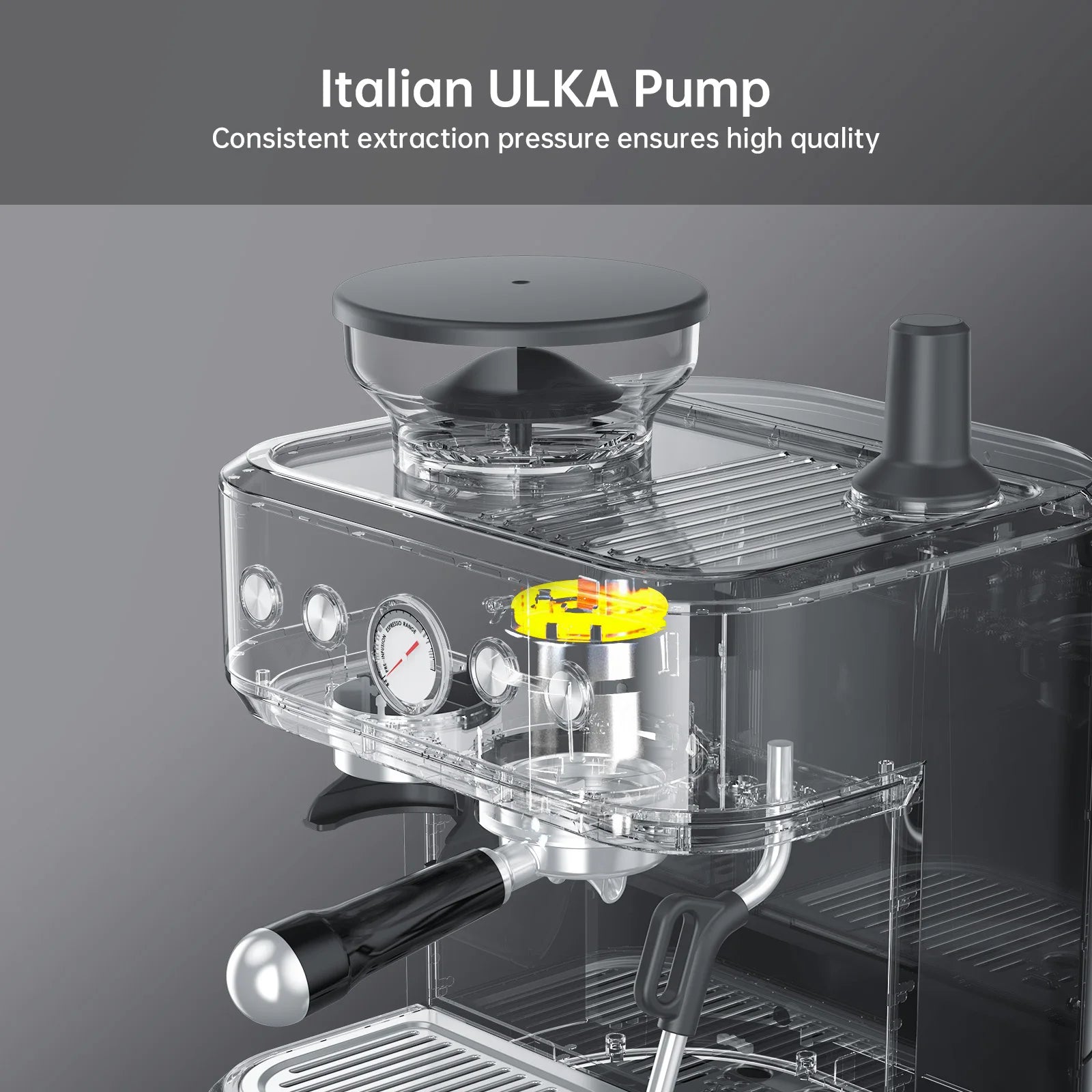 Transparent espresso machine featuring Italian ULKA pump, analog pressure gauge, and portafilter for home brewing.
