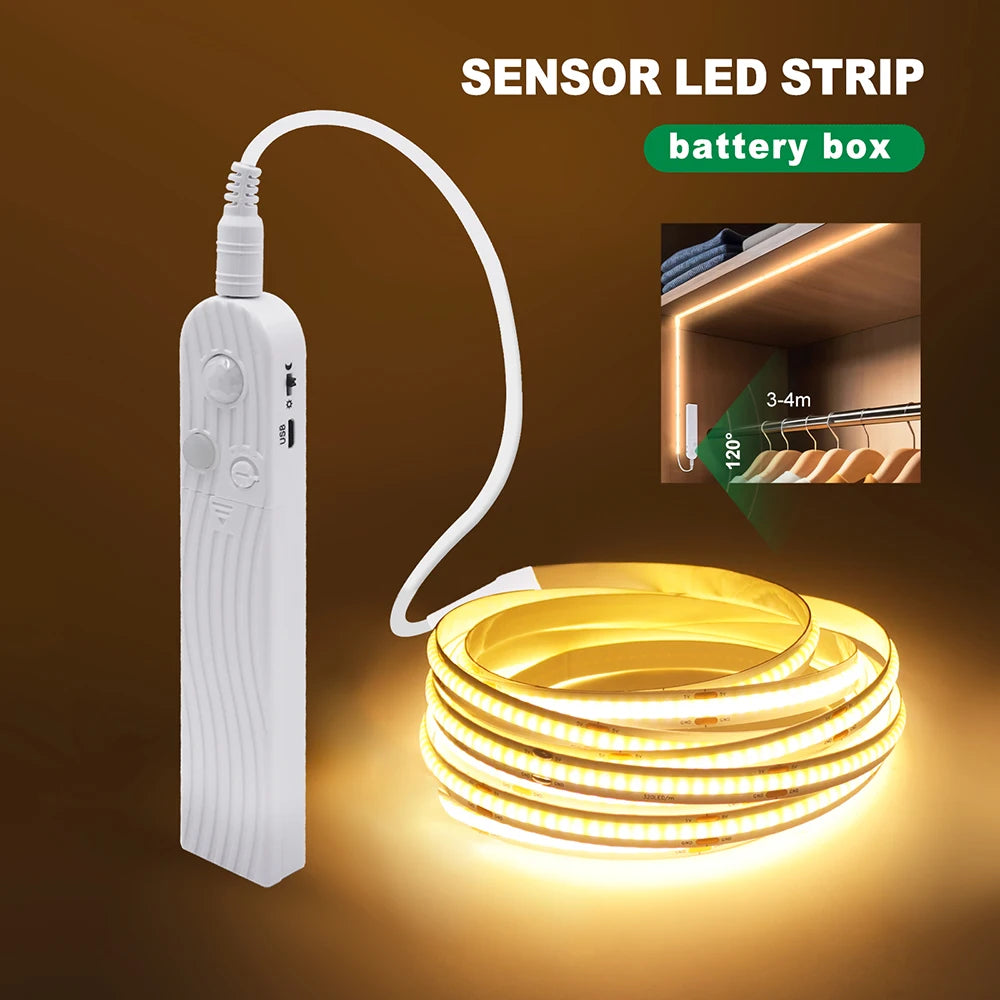 5V Motion Sensor LED COB Light Strip Human Induction USB/Battery Powered Flexible Lamp Under Cabinet Stairs Wardrobe Nightlights