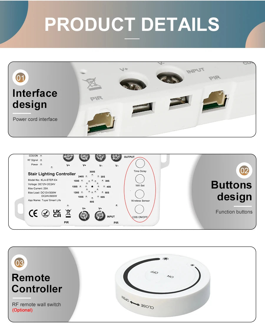 5-30 Steps New Tuya Wifi Staircase Light Kit Motion Sensor Wall Switch Remote APP Control Stair LED Strip Full Set STEP-E4