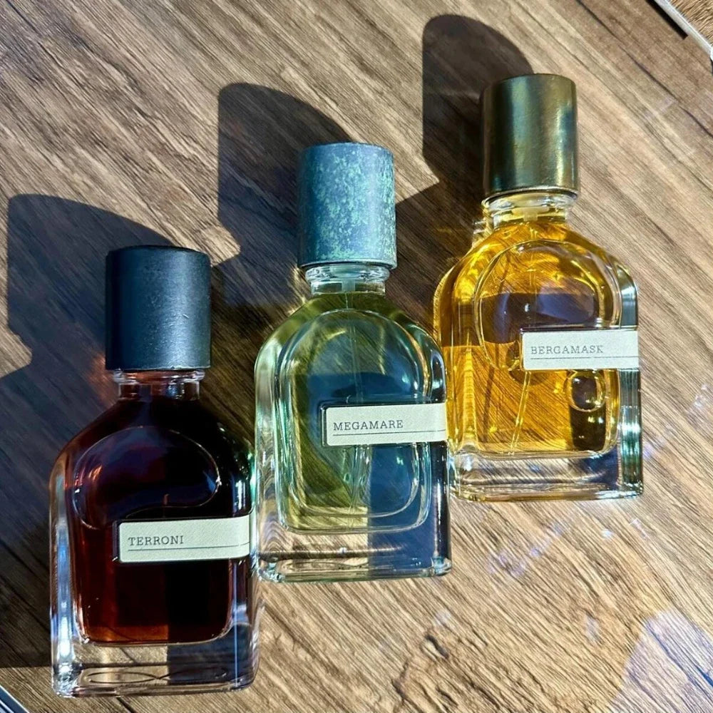 Orto Parisi unisex EDP bottles: Terroni, Megamare, Bergamask. Woody, amber, musky oriental fragrance in glass bottles.