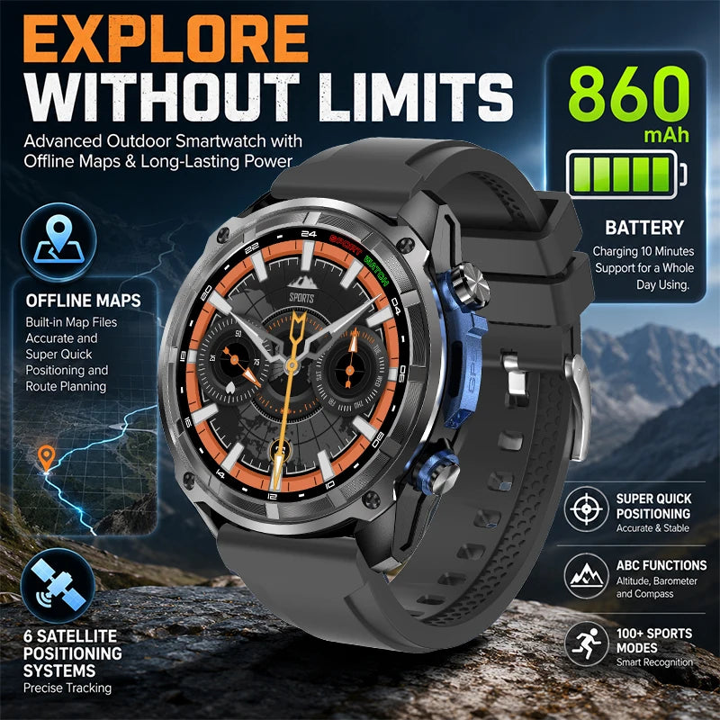 Outdoor GPS smart watch with dark blue silicone strap and rugged round black face