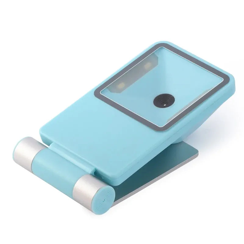 Blue desktop 2D barcode scanner dock with front window and circular lens