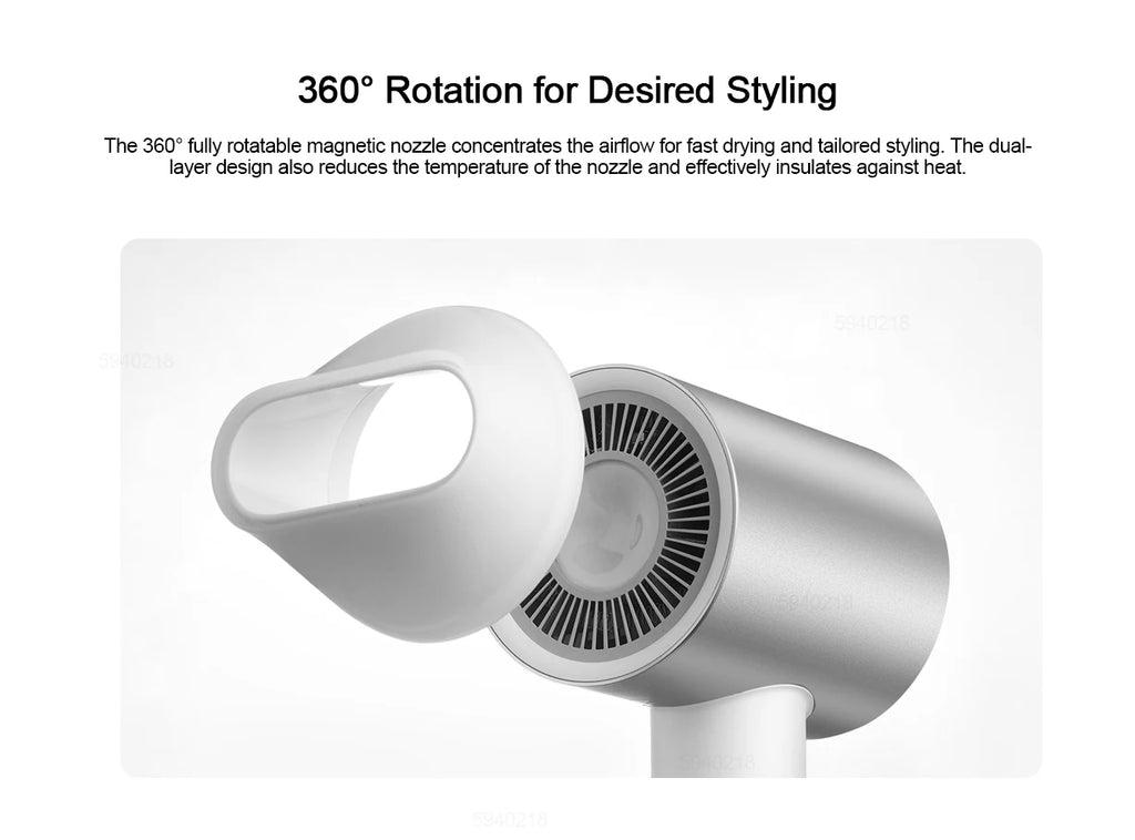 MIJIA H500 ionic hair dryer with silver body and 360-degree rotatable magnetic styling nozzle for fast hair drying.