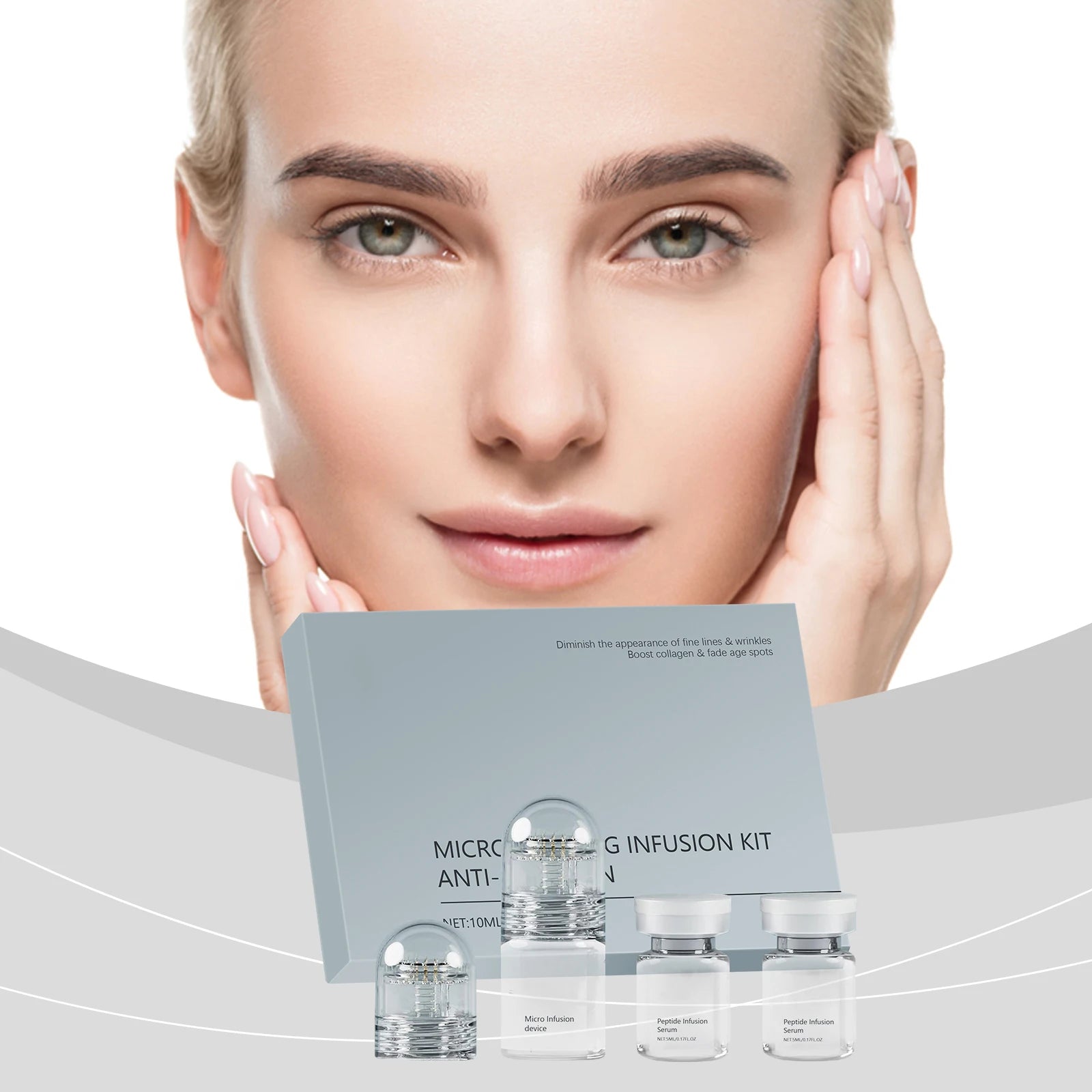 Anti-wrinkle micro-infusion kit with a gray box, two needle devices, and two peptide infusion serum vials.