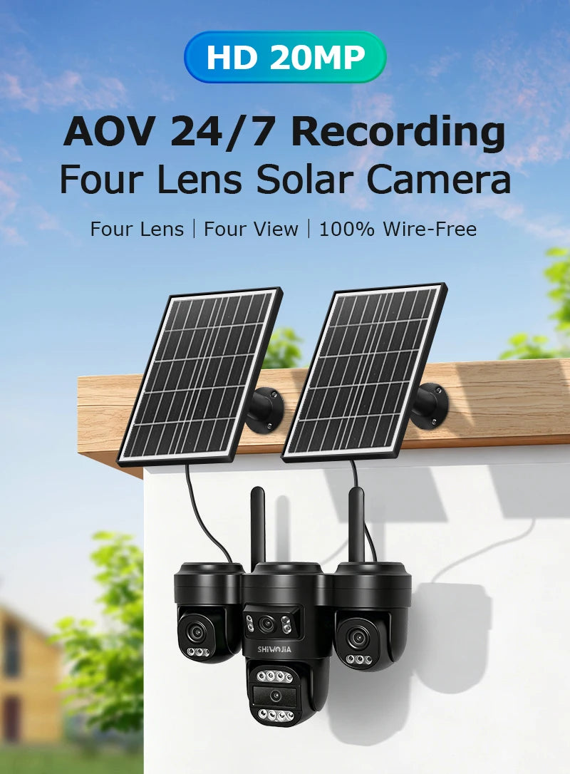 SHIWOJIA AOV Solar Security Camera WIFI 4G SIM Four Lens AI Human Auto Tracking Outdoor CCTV Camera 24/7 Recording