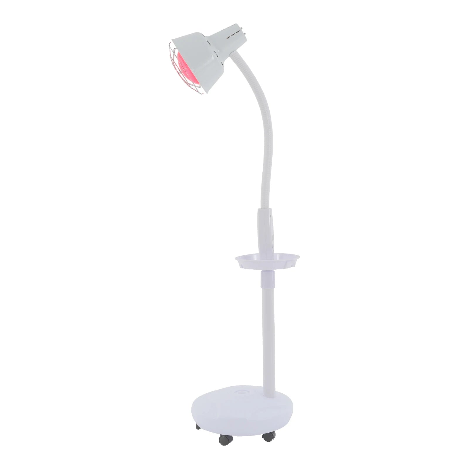 275W infrared heat therapy lamp with adjustable floor stand, wheels, timer, and red bulb for muscle pain relief.