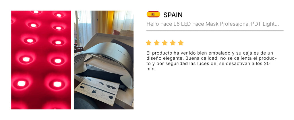 Curved silver Hello Face LED light mask in a box with a manual, shown next to a grid of bright red LED lights.