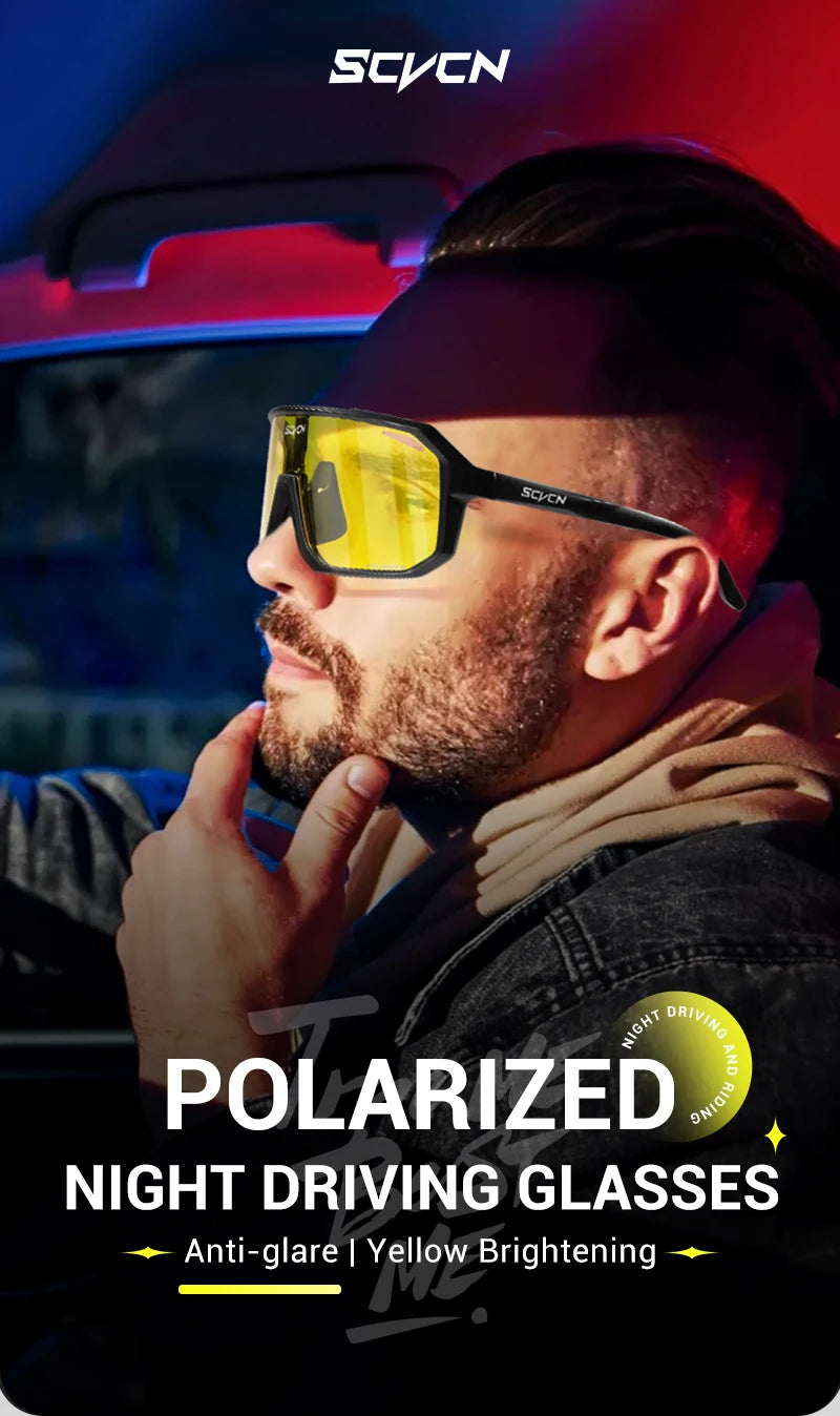 SCVCN New Yellow Polarized Night Cycling Sunglasses Bike MTB Motorcycle Glasses Outdoor Sports Fishing UV400 Glasses Men Women