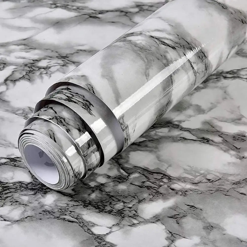 White marble self-adhesive vinyl wallpaper roll with black and gray veins