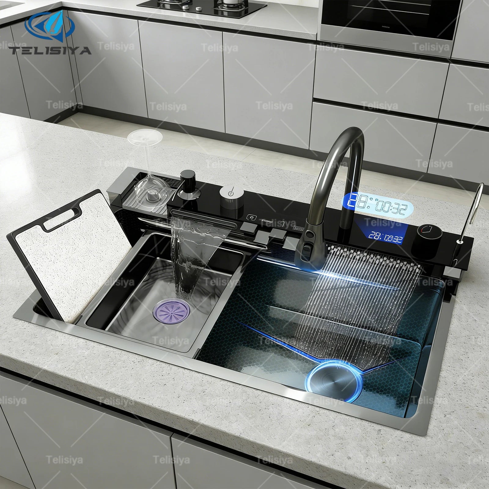 Stainless Steel Kitchen Sink Large Single Slot Multifunctional Waterfall Digital Display Faucet Wash Dish Bowl Undermount Basin