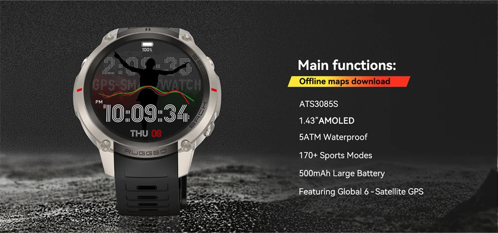 New Rugged GPS Sport Smartwatch 1.43" AMOLED Screen 5ATM Waterproof Offline Map Compass 500mAh Smart Watch for Men Android iOS