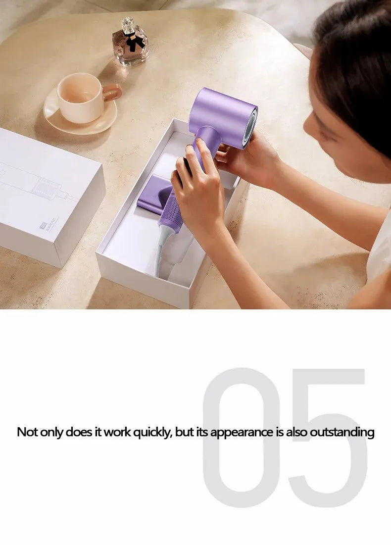 Purple high-speed ionic hair dryer with LED display and nozzle attachment in a white gift box for professional styling.