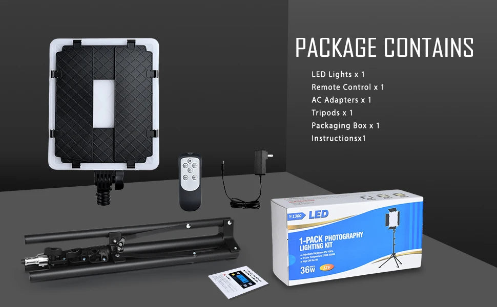 Photography lighting kit including a black square LED panel, tripod, remote, AC adapter, instructions, and retail box.