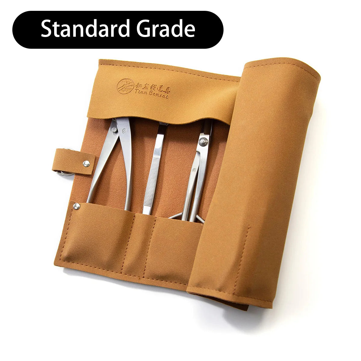 Tan bonsai tool roll bag with protective flap and seven tool slots