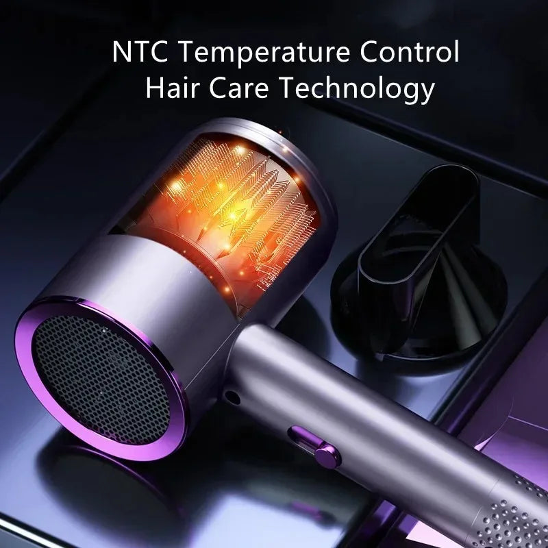 Purple 2000W ionic hair dryer with NTC temperature control, nozzle attachment, and sleek professional salon design.