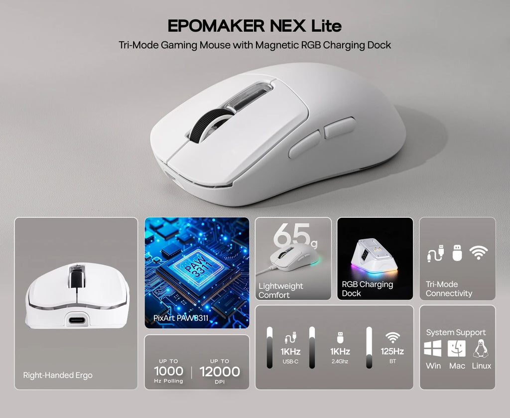 EPOMAKER NEX Lite Tri-mode Wireless PAW3311 Sensor Gaming Mouse with RGB Charging Dock & 1K Polling/12K DPI for Gaming & Office
