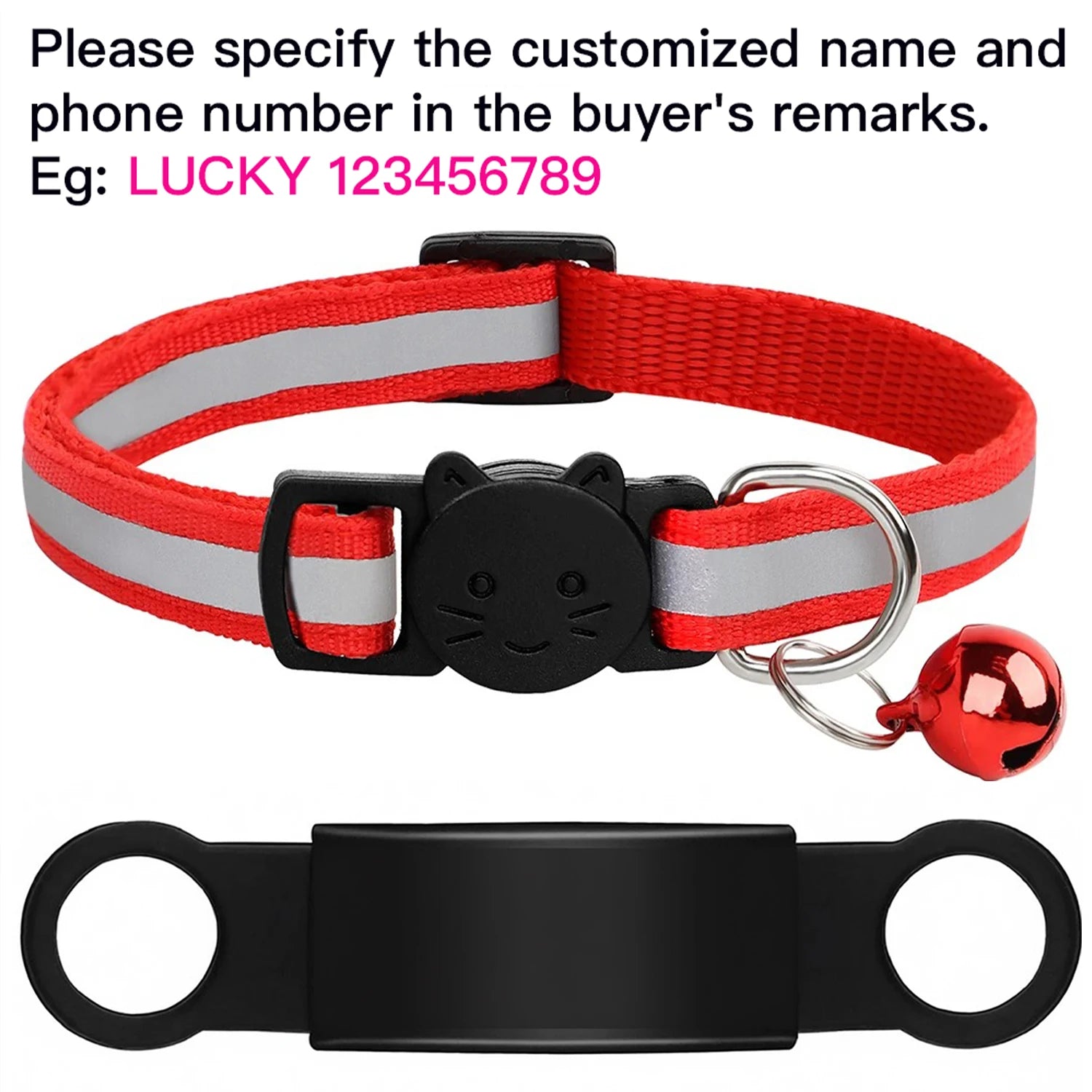 Red reflective cat collar with customized ID nameplate, safety bell, and anti-lost design for kittens and puppies.