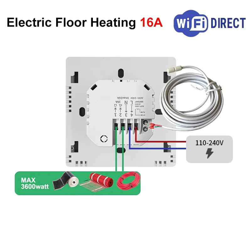 WiFi floor heating thermostat module with wiring terminals and 110–240V label, 16A.