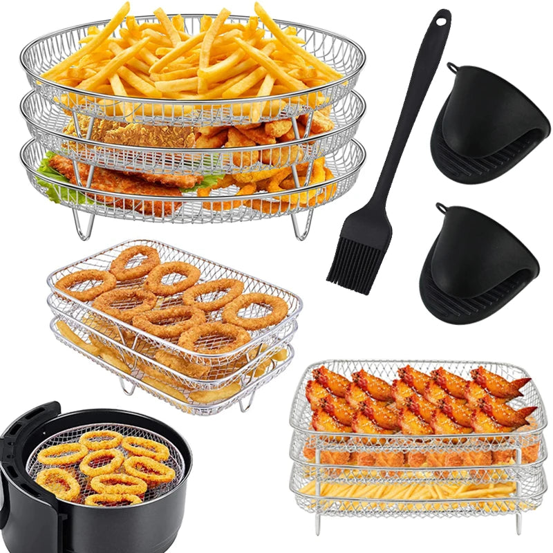 3-layers Air Fryer Rack Stackable Grilling 304 Stainless Steel Airfryer Oven Grill Steamer Cooker Kitchen Gadgets Cooking Tools