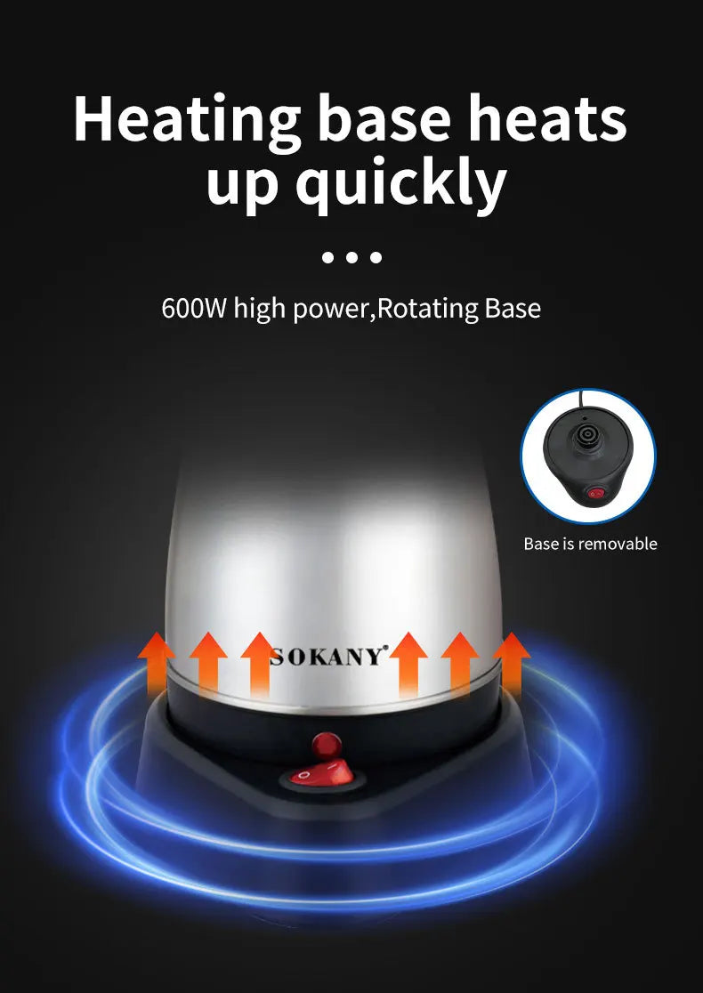 Sokany 600W stainless steel electric kettle with a black removable rotating heating base and power switch.