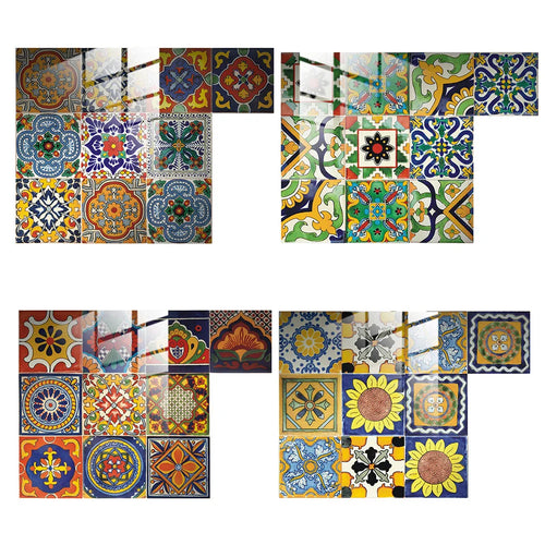 Waterproof peel-and-stick tile decal sheets with blue, green, yellow, and orange mosaic designs