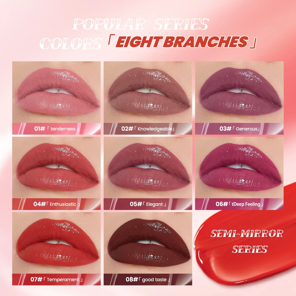 QIBEST 8-color watery lip gloss set featuring long-lasting mirror finish, moisturizing liquid lipstick swatches.