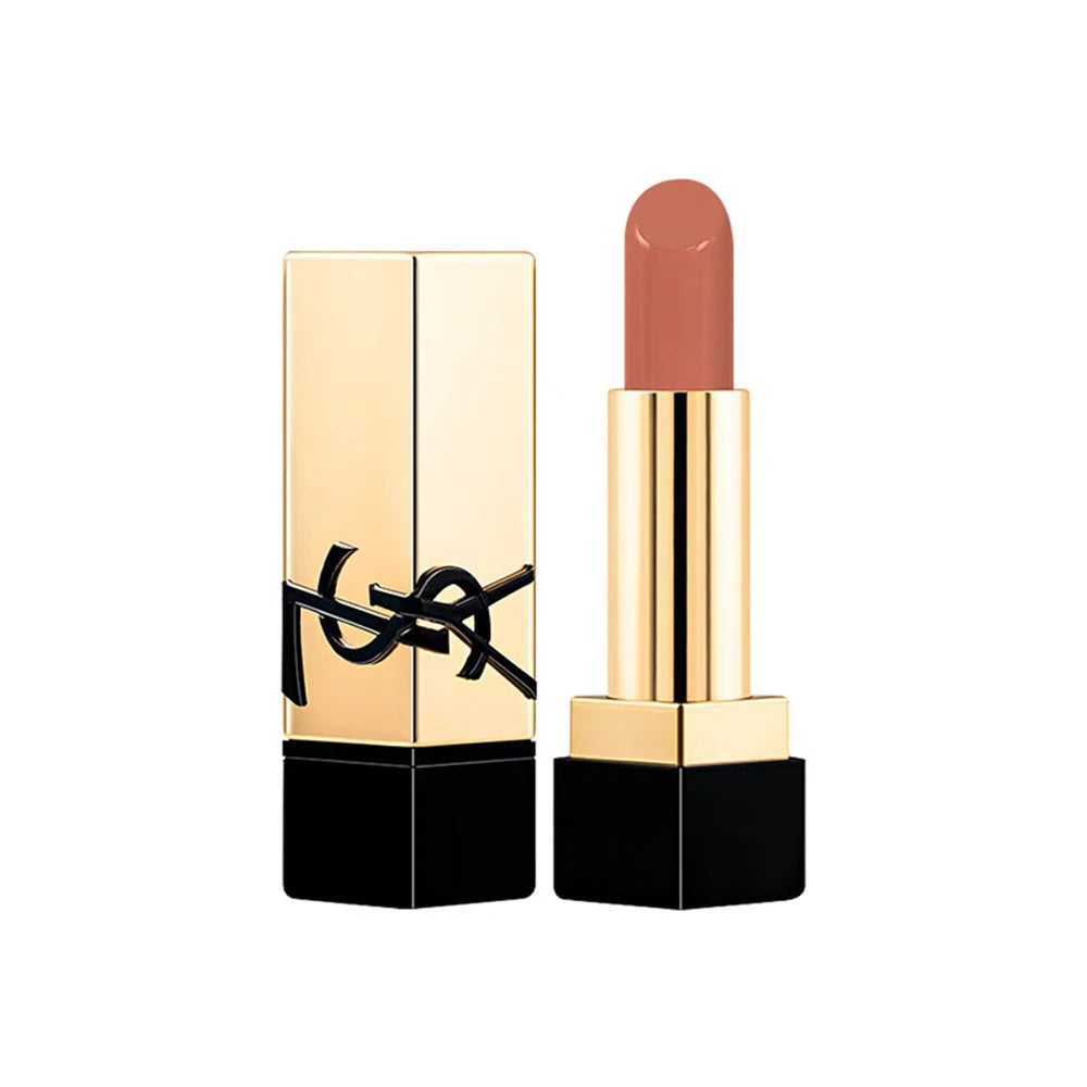 YSL Rouge Pur Couture mini lipstick in Nu Muse: a moisturizing, satin-finish nude shade in signature gold packaging.