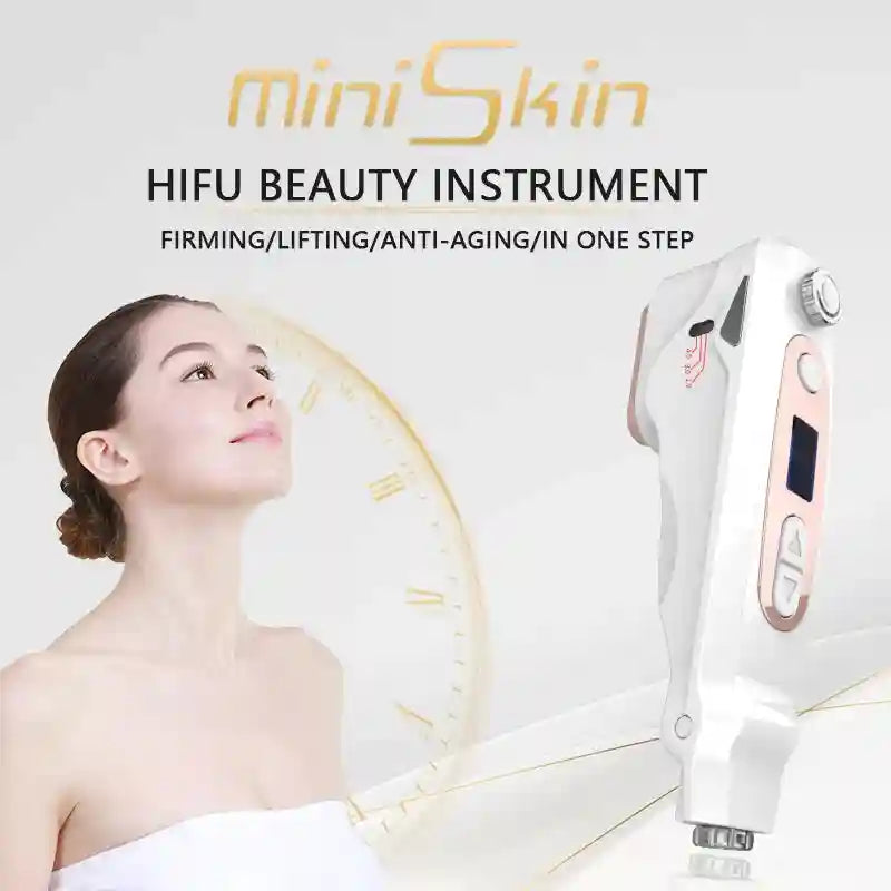 White and gold portable Mini HIFU facial lifting and anti-aging device for professional home skincare.