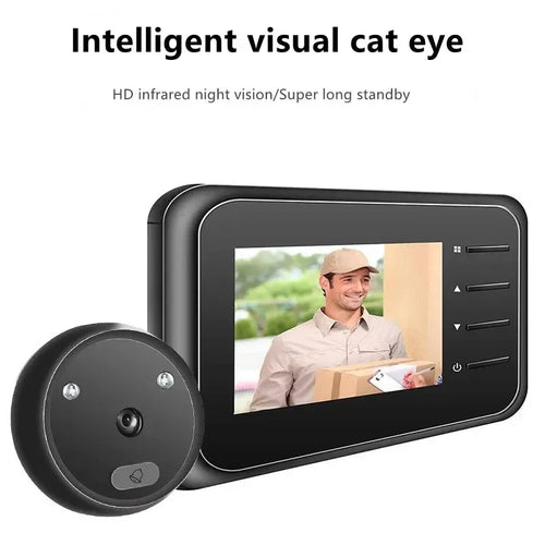 Black video peephole doorbell camera with round outdoor lens and front display screen