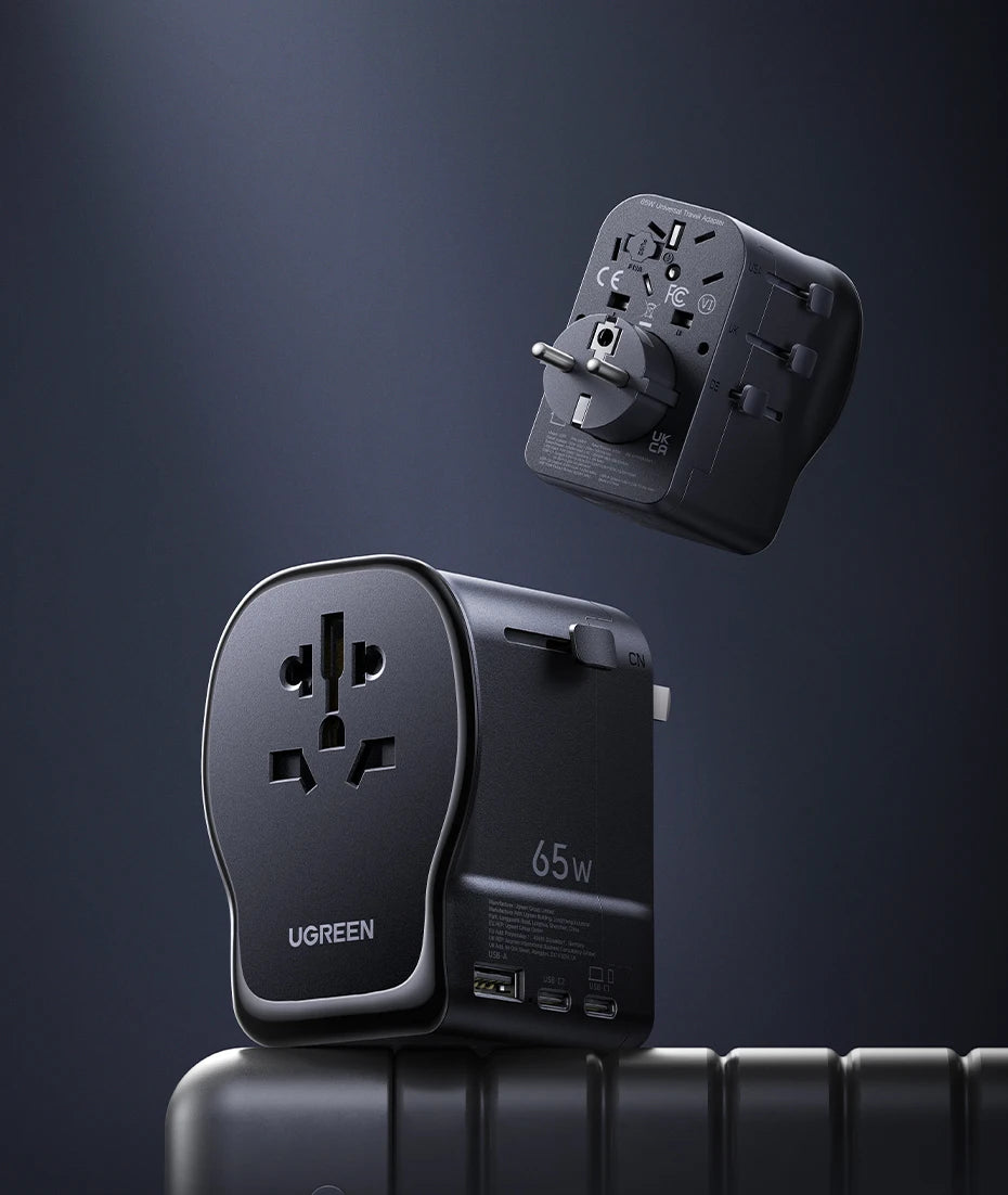 UGREEN 65W Universal Travel Adapter 2 USB-C 1 USB-A AC Socket GaN Charger Certified CE FCC UKCA TÜV For EU US UK Grounded Plug
