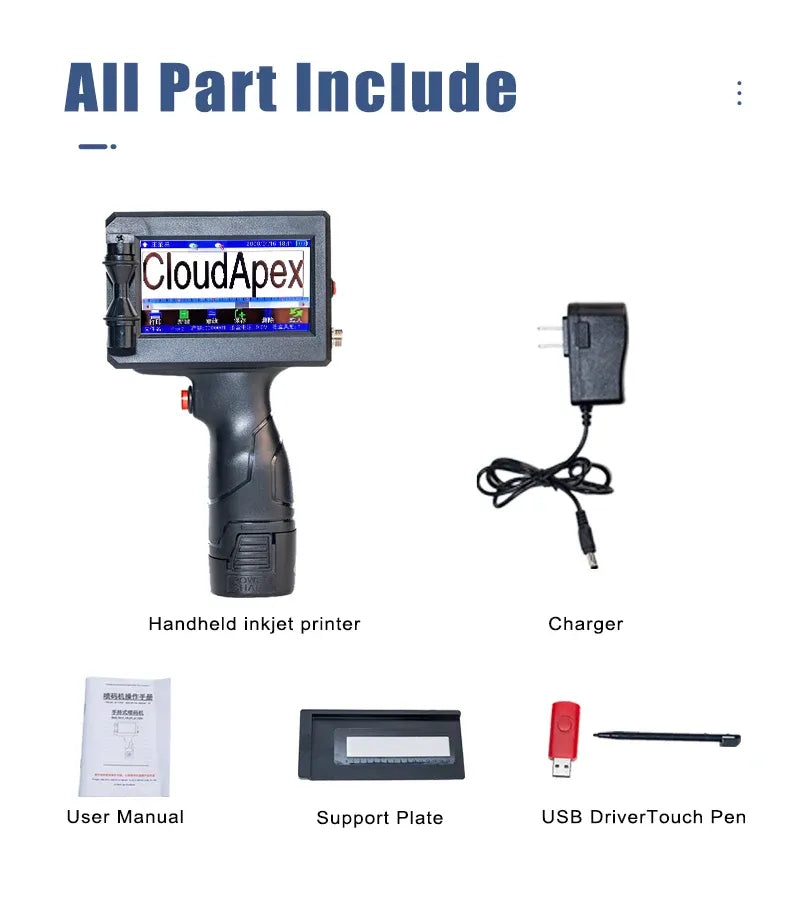 Handheld inkjet printer kit with charger, user manual, support plate, and touch pen
