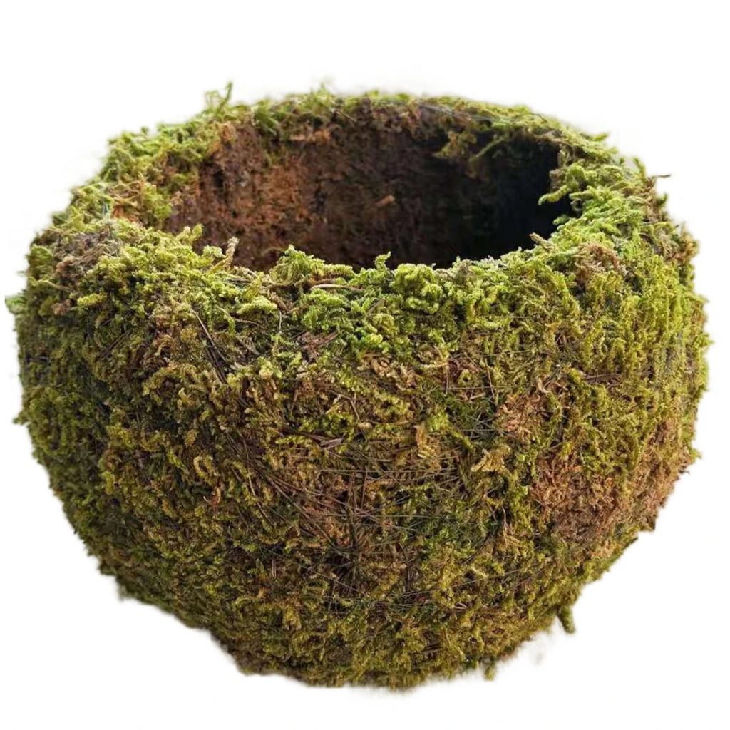Green moss ball planter bowl with open center, close-up of textured artificial moss.