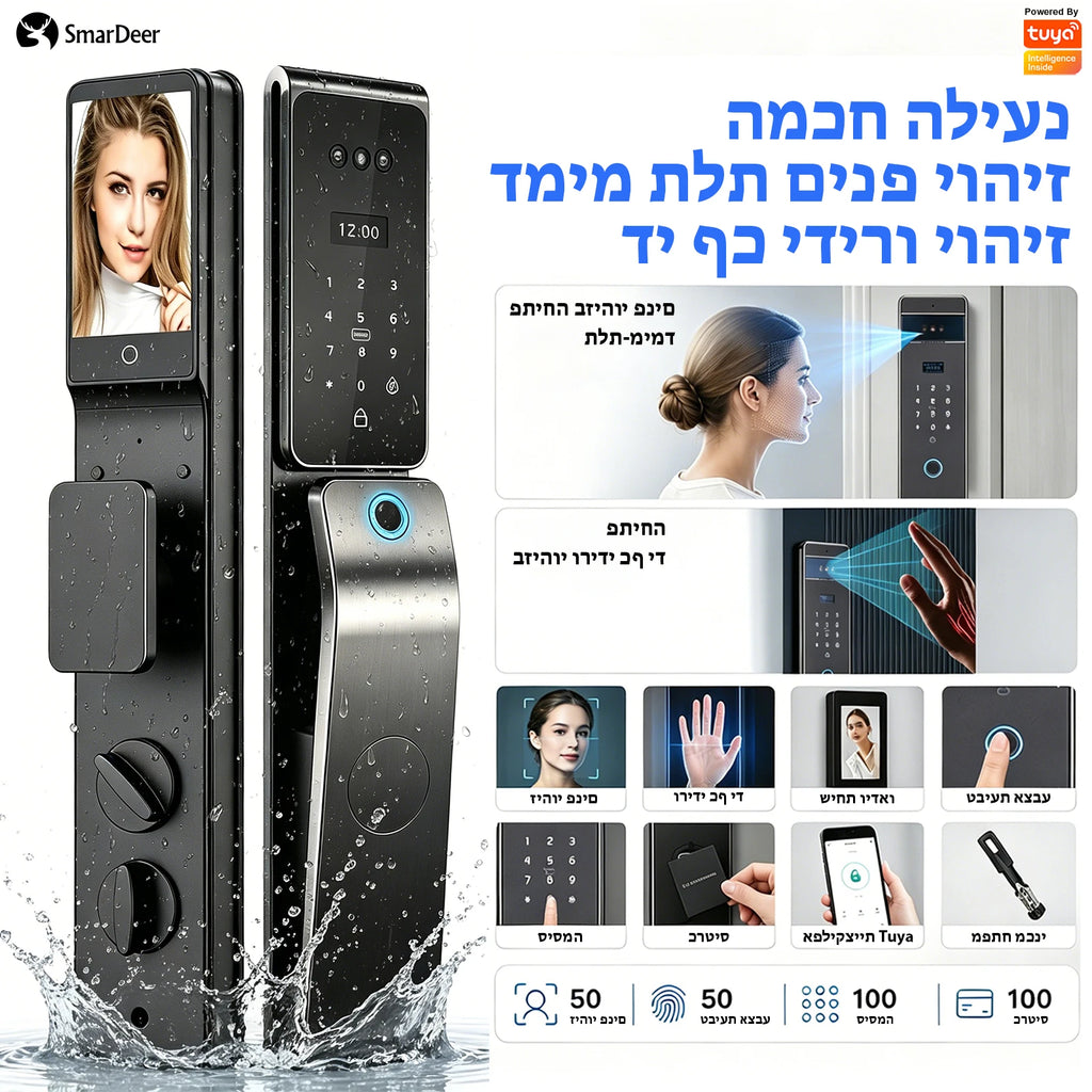 SmarDeer IP66 Waterproof Smart Lock,3D Facial Recognition Fingerprint Door Lock,Tuya Electronic Door Lock for Israel Standard