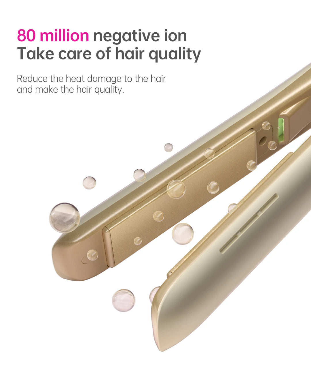 Gold 2-in-1 hair straightener and curler with 80M negative ion technology for damage-free, smooth styling.