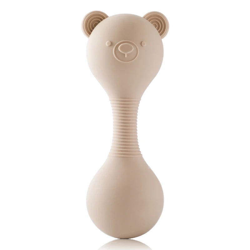 Beige silicone baby teething toy shaped like a bear for teething relief.