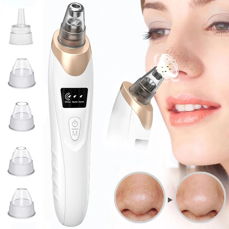 White and gold electric blackhead remover with 5 interchangeable heads, LCD display, and before-and-after pore results.